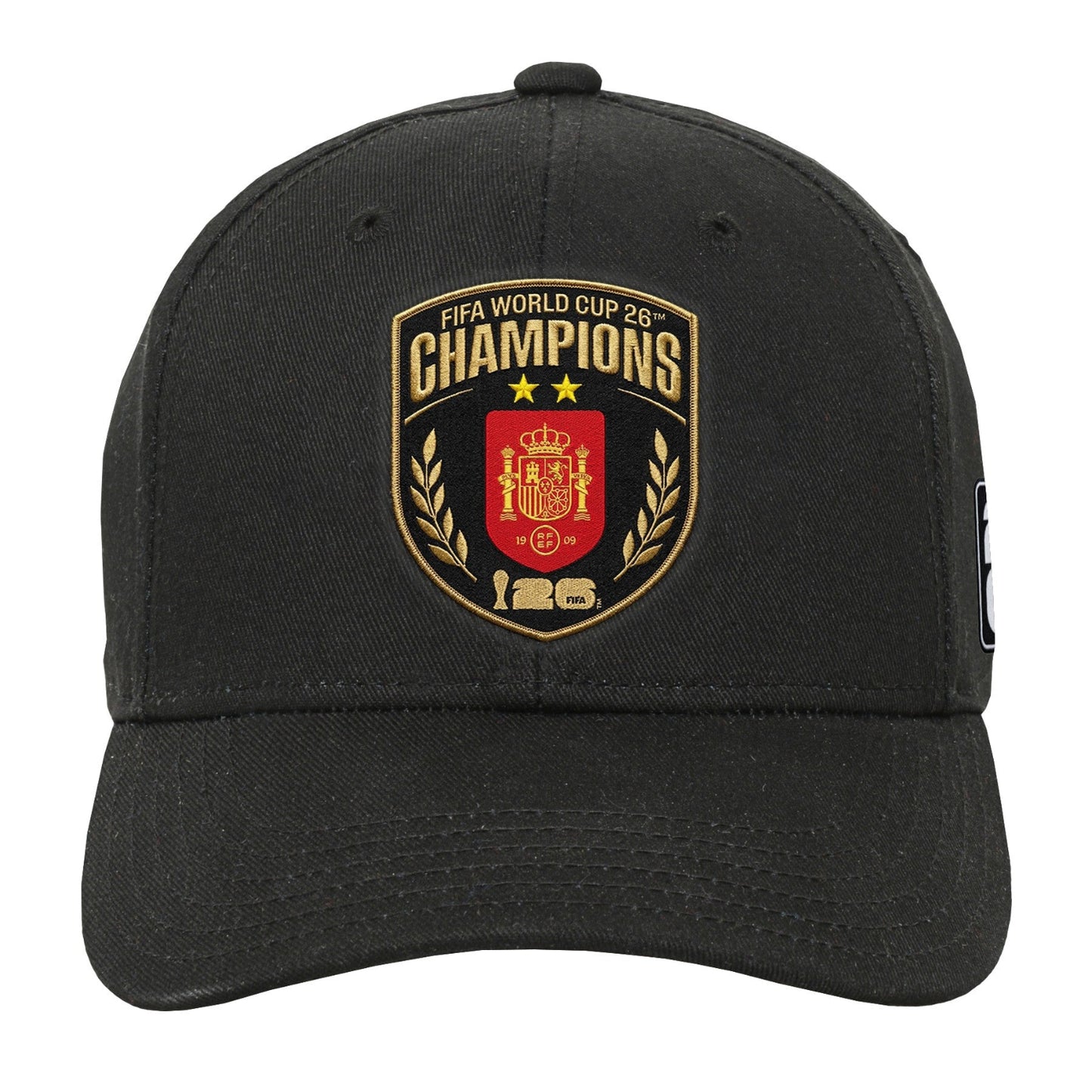 A black baseball cap featuring a prominent embroidered FIFA World Cup 2026 Champions crest on the front, set against a plain white background.
