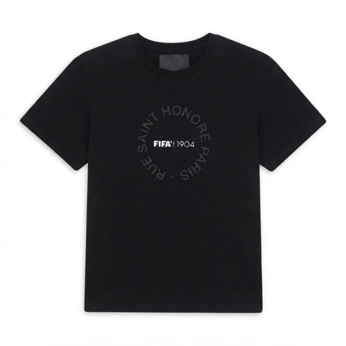A black short-sleeve crewneck t-shirt featuring a circular gray graphic on the chest that reads 'RUE SAINT HONORE PARIS 1904' with 'FIFA' in the center, displayed flat against a white background.