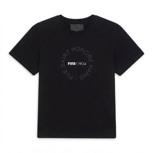 A black short-sleeve crewneck t-shirt featuring a circular gray graphic on the chest that reads 'RUE SAINT HONORE PARIS 1904' with 'FIFA' in the center, displayed flat against a white background.