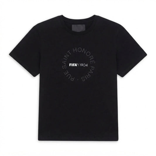 A black short-sleeve crewneck t-shirt featuring a circular gray graphic on the chest that reads 'RUE SAINT HONORE PARIS 1904' with 'FIFA' in the center, displayed flat against a white background.