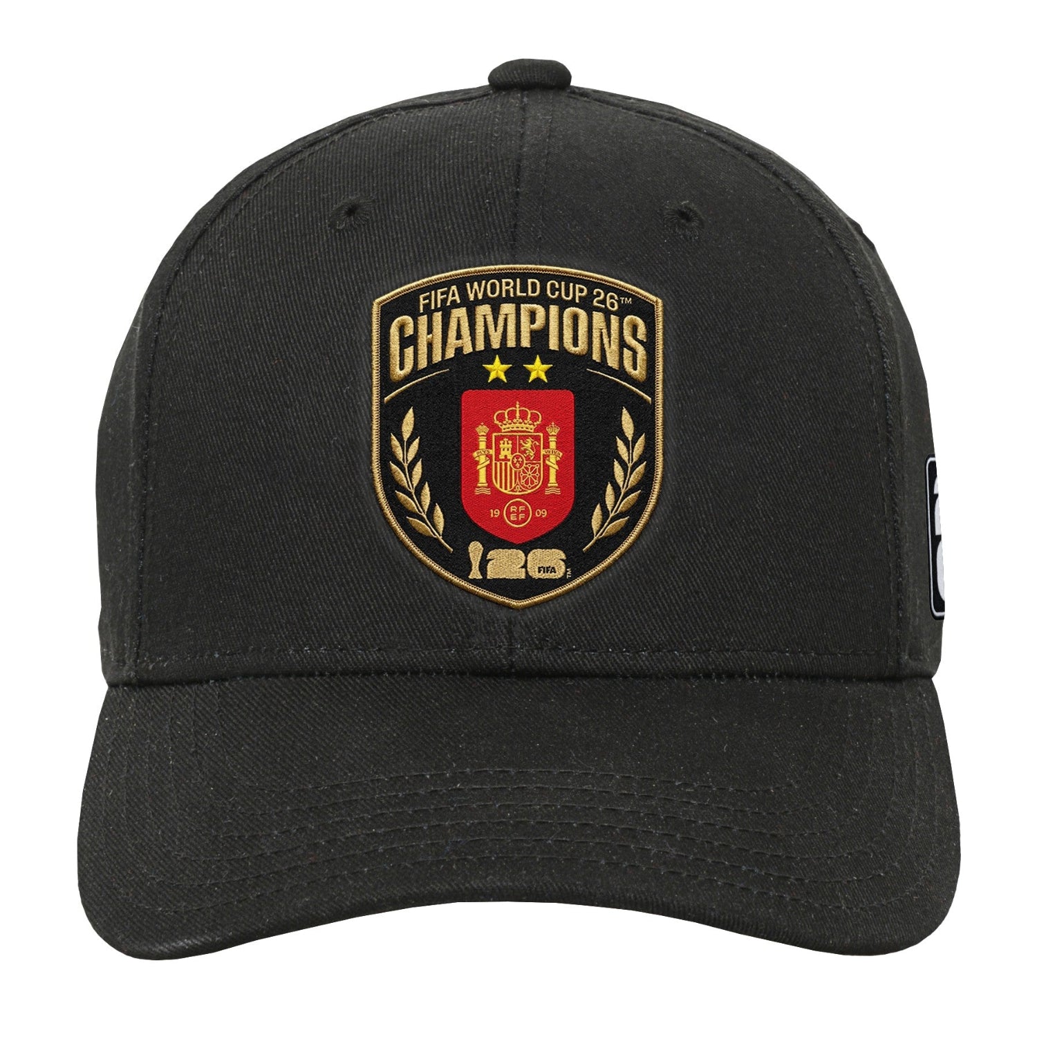 A black baseball cap featuring a prominent embroidered FIFA World Cup 2026 Champions crest on the front, set against a plain white background.