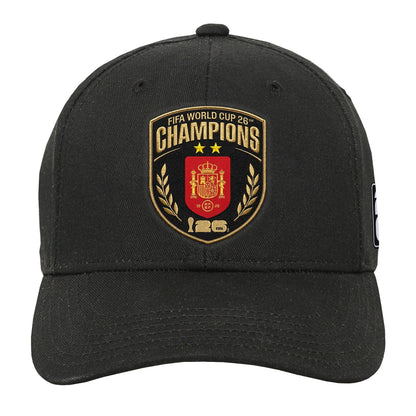 A black baseball cap featuring a prominent embroidered FIFA World Cup 2026 Champions crest on the front, set against a plain white background.