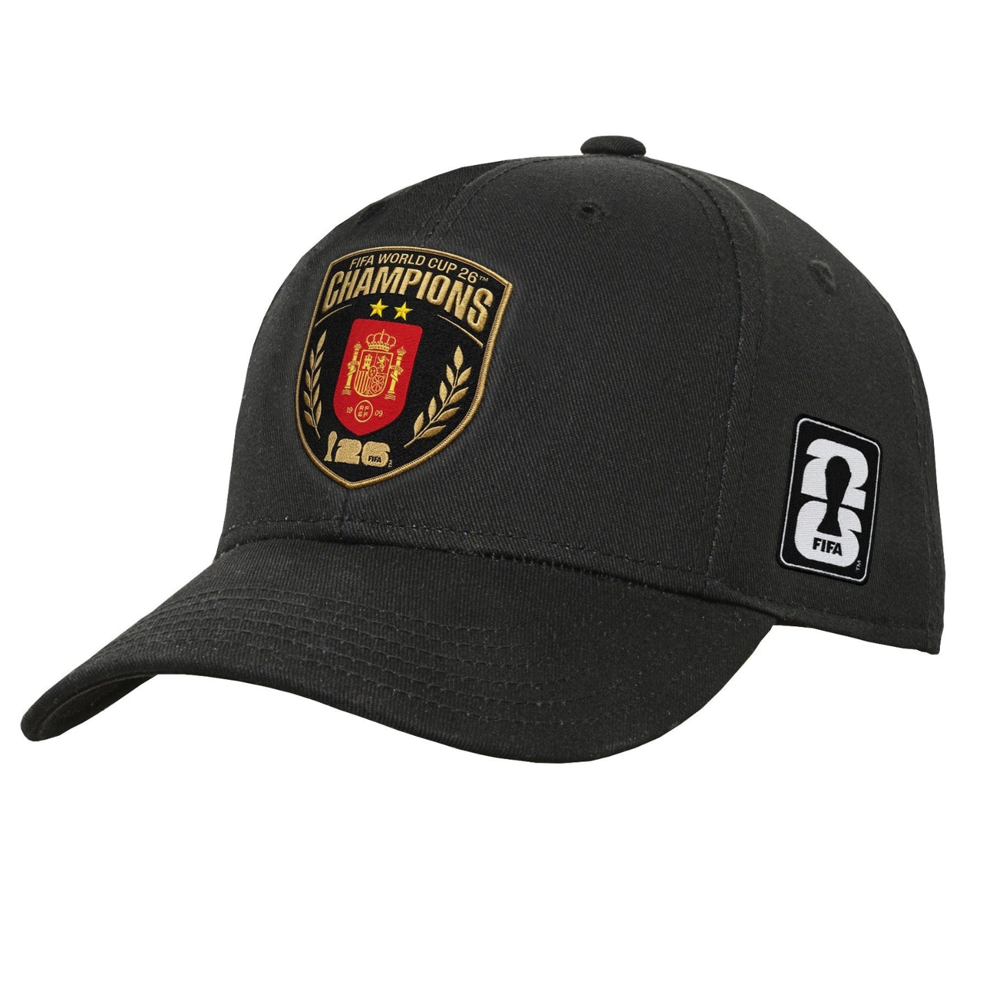 A black baseball cap featuring a gold, red, and black embroidered Spain World Cup Champions patch on the front and a white FIFA logo patch on the side, shown against a plain white background.