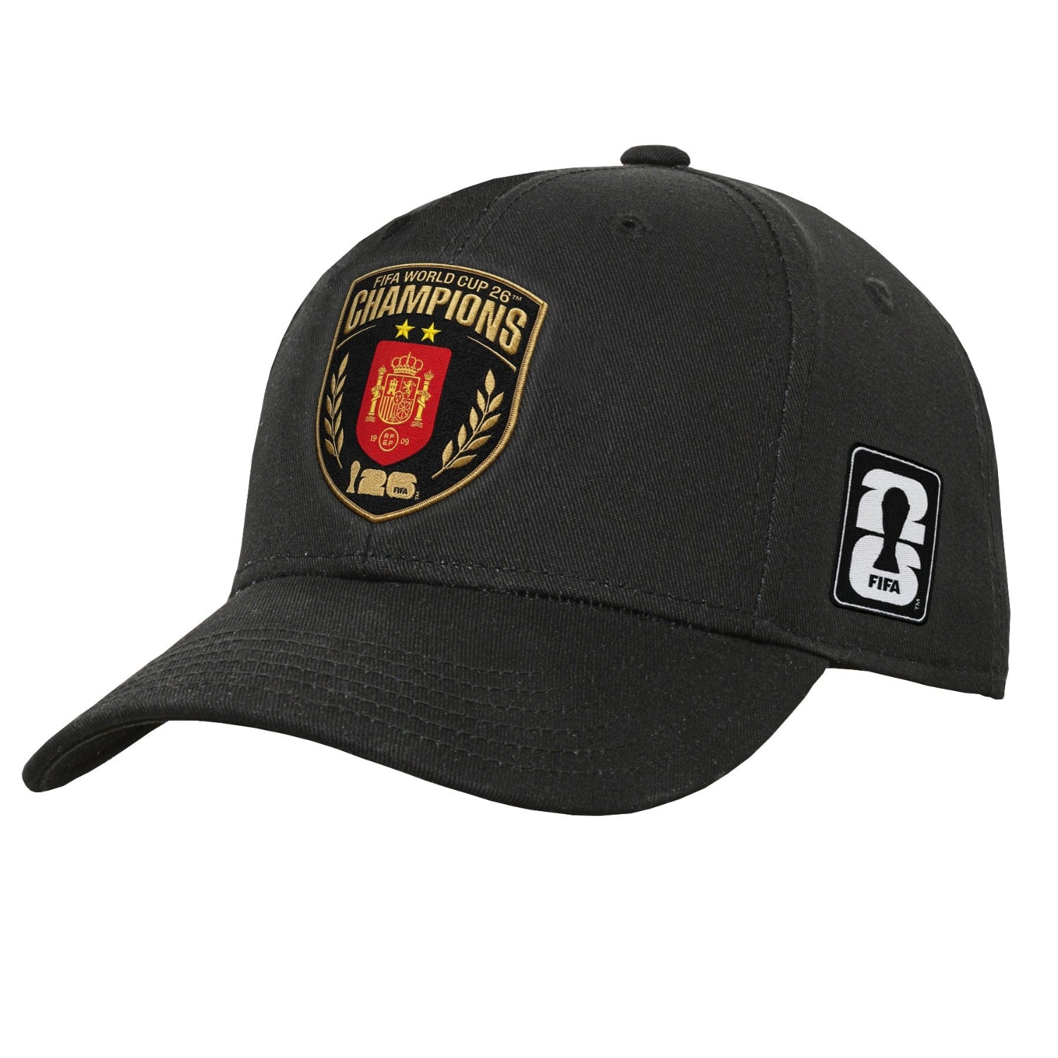 A black baseball cap featuring a gold, red, and black embroidered Spain World Cup Champions patch on the front and a white FIFA logo patch on the side, shown against a plain white background.