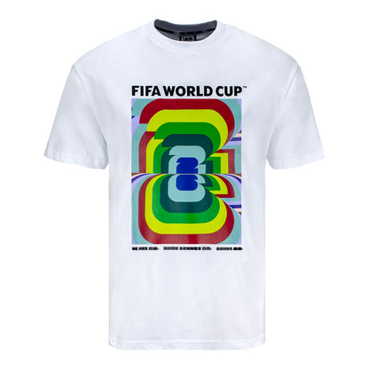 White t-shirt with colorful design and 'FIFA World Cup' text on a white background