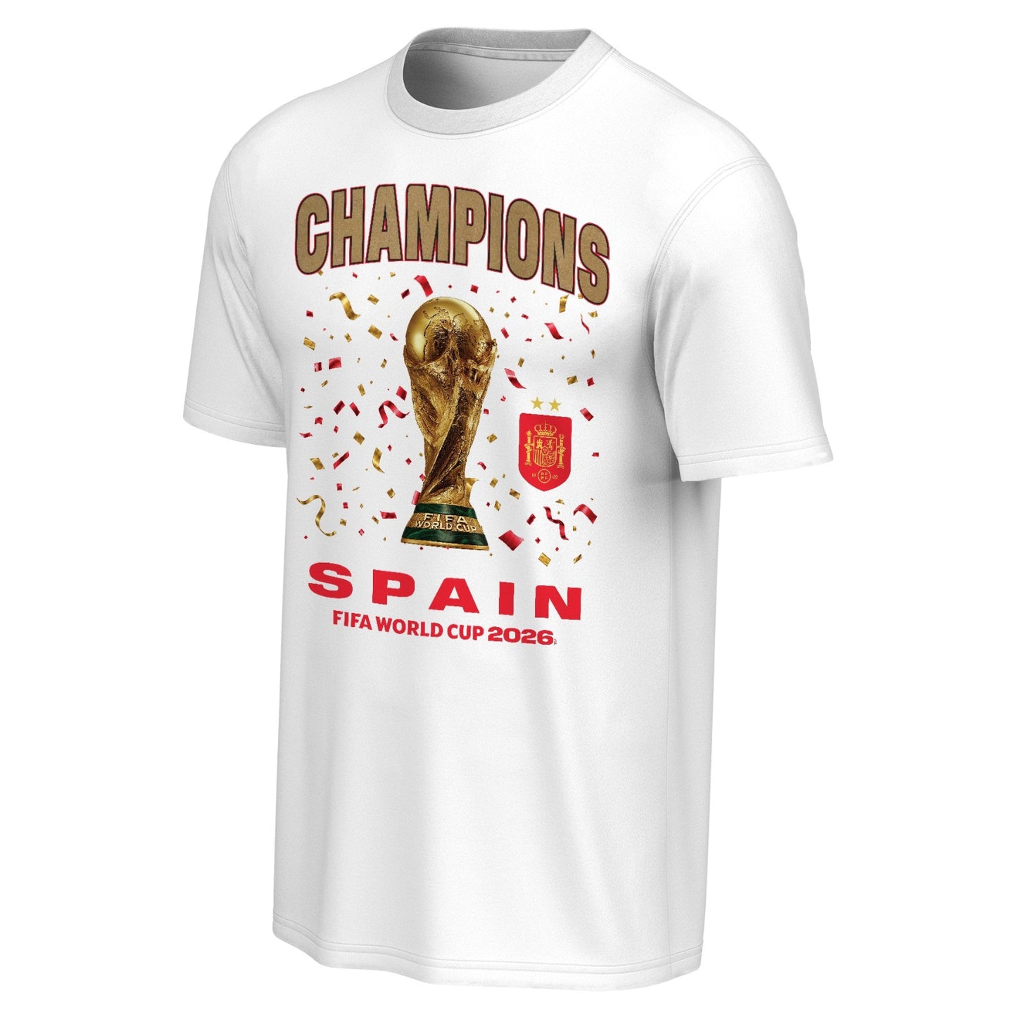 A white short-sleeve crewneck t-shirt featuring a graphic print of the FIFA World Cup 2026 Spain championship. The design includes the word 'CHAMPIONS' in brown, the golden FIFA World Cup trophy, red and gold confetti, the red Spain national team crest, and 'SPAIN' and 'FIFA WORLD CUP 2026' in red text.