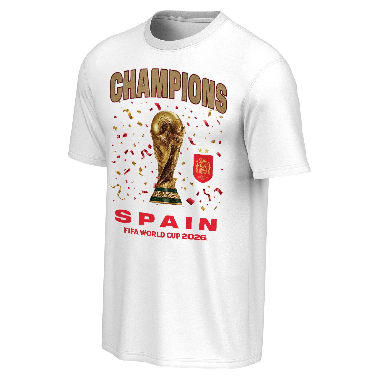 A white short-sleeve crewneck t-shirt featuring a graphic print of the FIFA World Cup 2026 Spain championship. The design includes the word 'CHAMPIONS' in brown, the golden FIFA World Cup trophy, red and gold confetti, the red Spain national team crest, and 'SPAIN' and 'FIFA WORLD CUP 2026' in red text.