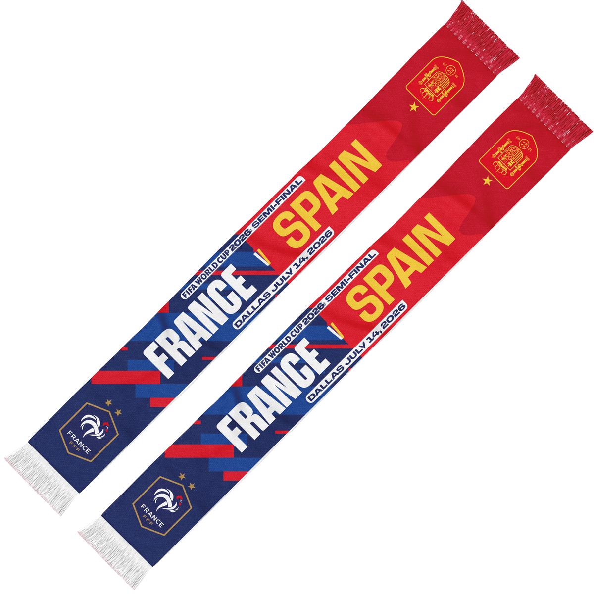 Two soccer scarves displayed diagonally on a white background. One scarf is blue with red and yellow accents and features 'FRANCE' and 'ESPANOLA' text, while the other is red with yellow accents and features 'SPAIN' and 'FRANCE' text.