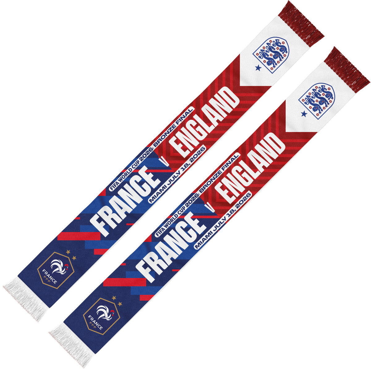 France vs England Bronze Final FIFA world cup Football Club scarves laid diagonally on a white background. The scarves feature a bold red, white, and blue design with the text 'FRANCE V ENGLAND ' and team crests.