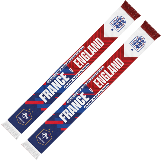France vs England Bronze Final FIFA world cup Football Club scarves laid diagonally on a white background. The scarves feature a bold red, white, and blue design with the text 'FRANCE V ENGLAND ' and team crests.