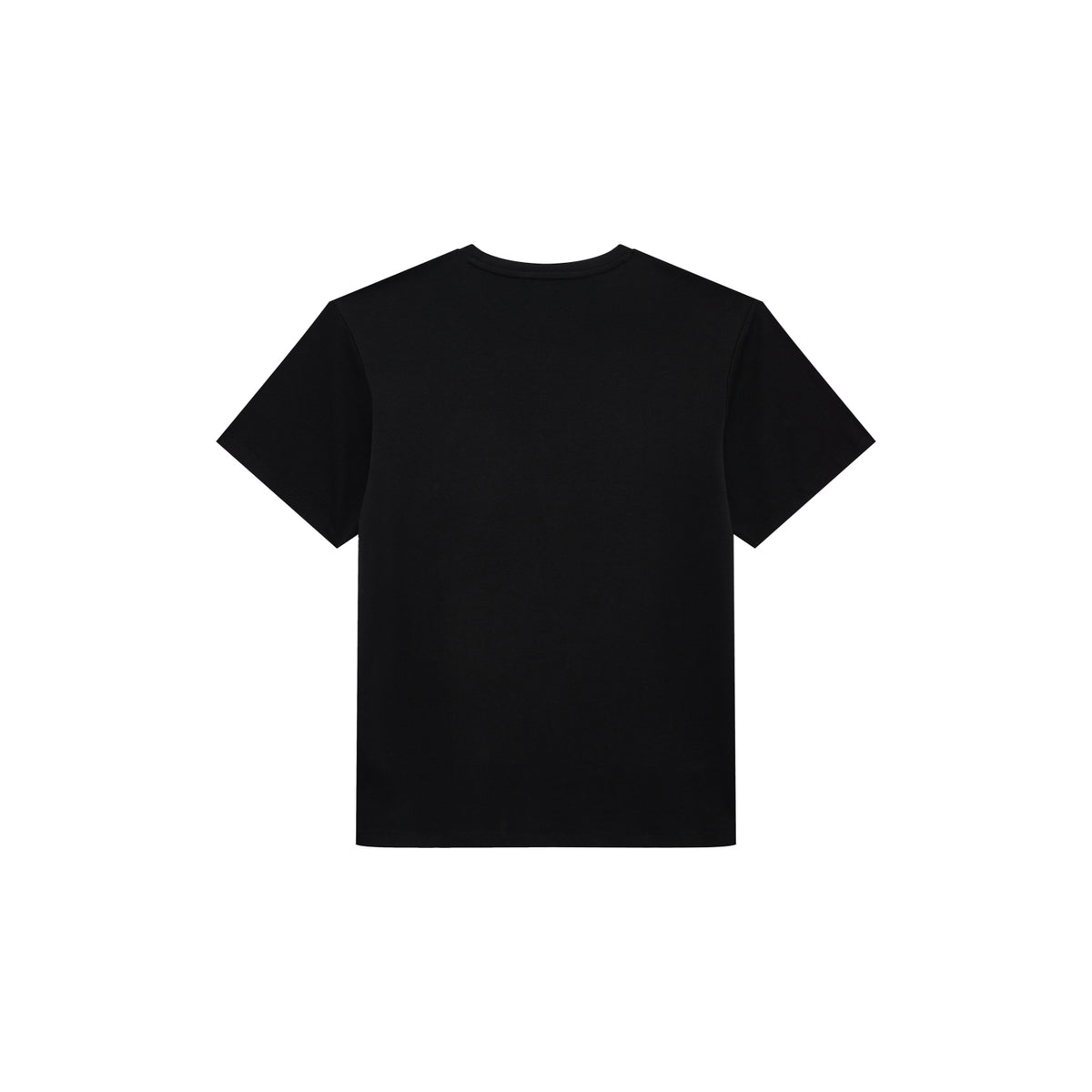 A plain black short-sleeve crewneck t-shirt shown from the back, centered on a solid white background.