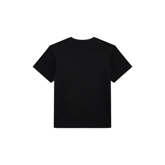 A plain black short-sleeve crewneck t-shirt shown from the back, centered on a solid white background.
