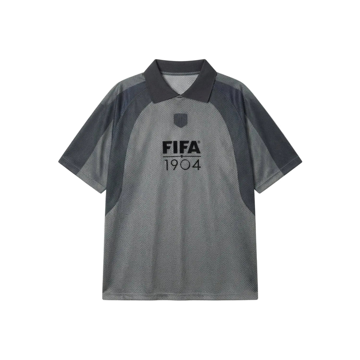 A short-sleeve polo shirt in heather gray and dark charcoal gray, featuring a 'FIFA 1904' logo printed on the chest, displayed flat against a light gray background.