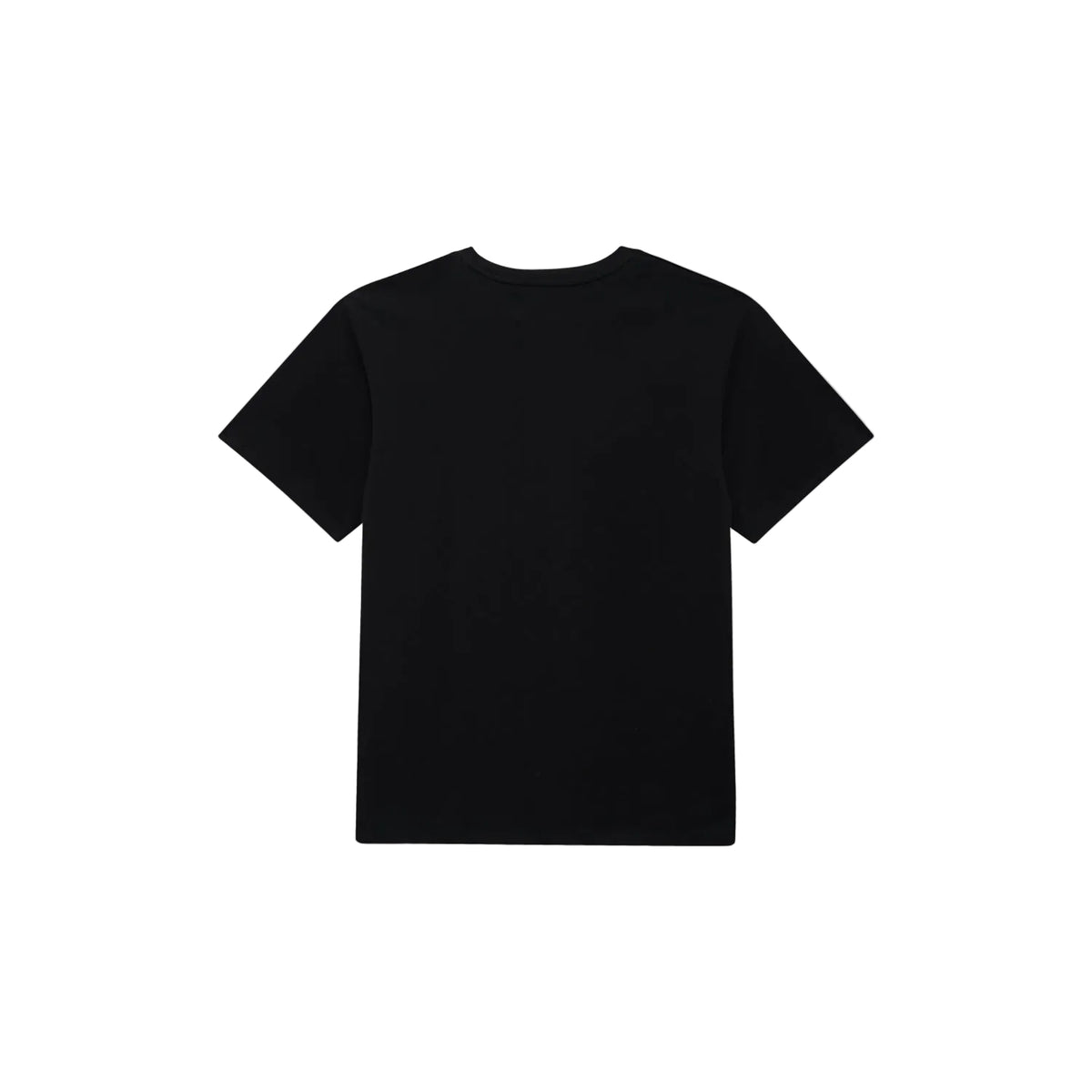 A black short-sleeve crewneck t-shirt shown from the back, laid flat against a light off-white background.