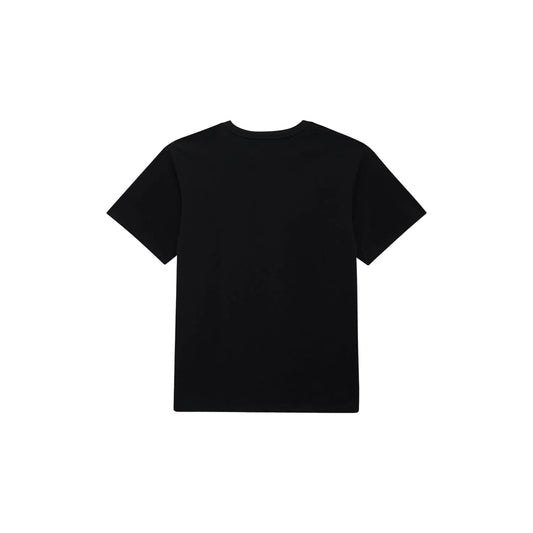 A black short-sleeve crewneck t-shirt shown from the back, laid flat against a light off-white background.