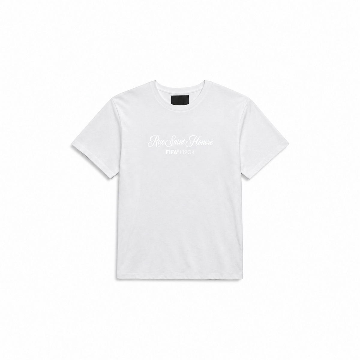 A white short-sleeve crewneck t-shirt with 'Rice Saint Honor' and 'PATRIOT' printed in white script on the chest, displayed flat against a solid white background.