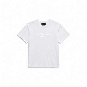 A white short-sleeve crewneck t-shirt with 'Rice Saint Honor' and 'PATRIOT' printed in white script on the chest, displayed flat against a solid white background.