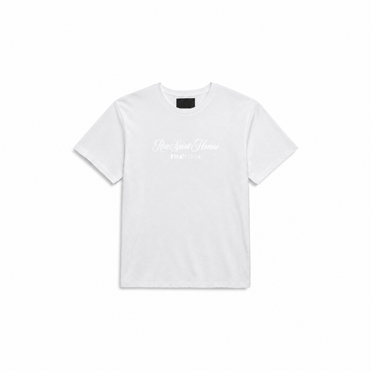 A white short-sleeve crewneck t-shirt with 'Rice Saint Honor' and 'PATRIOT' printed in white script on the chest, displayed flat against a solid white background.