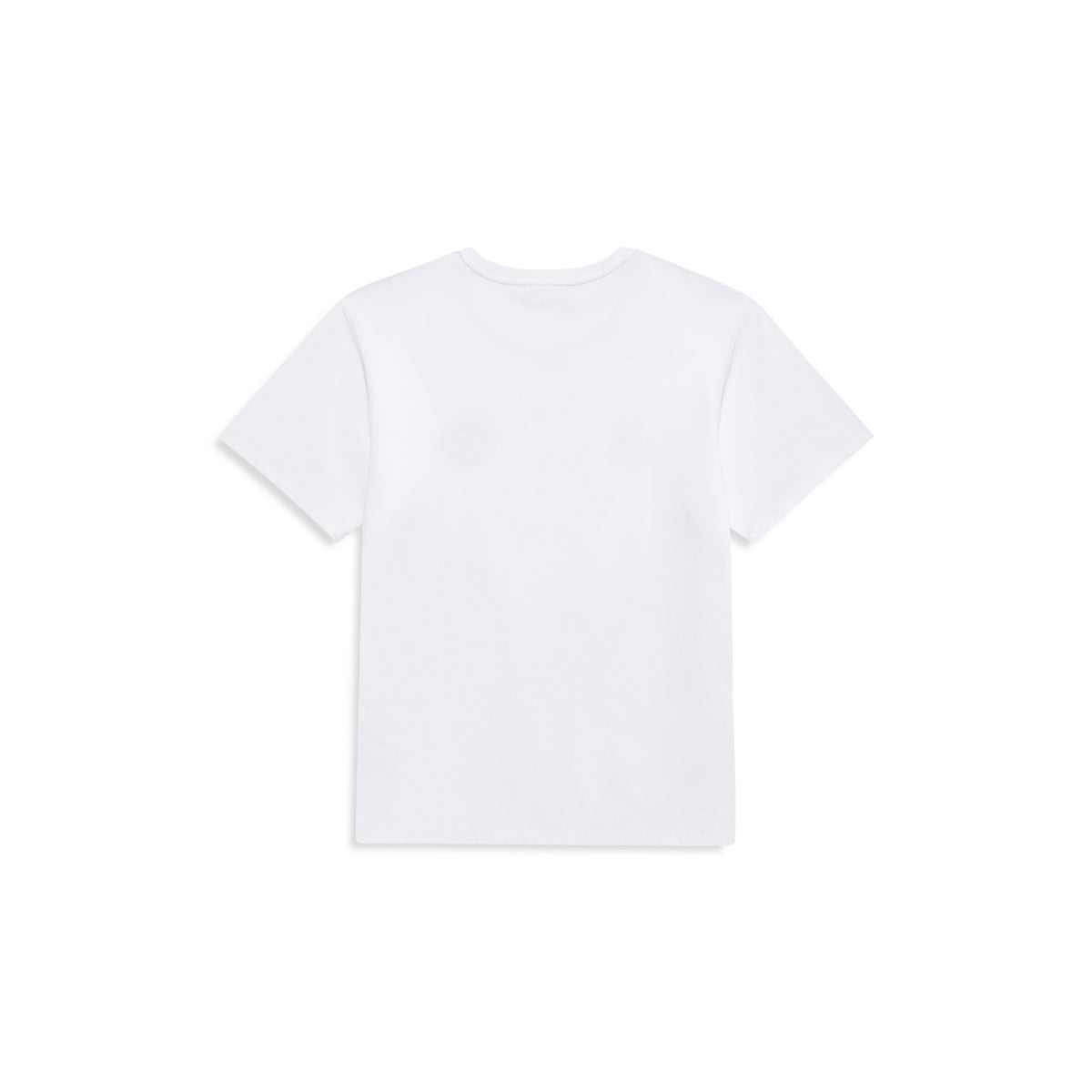 A plain white short-sleeve crewneck t-shirt shown from the back, laid flat against a solid white background.