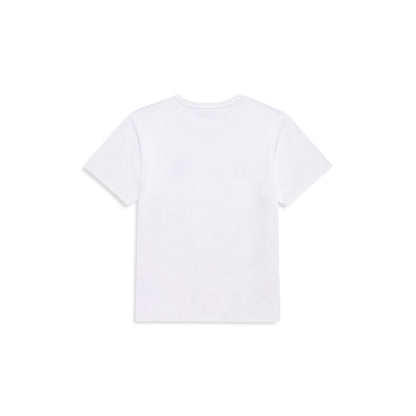A plain white short-sleeve crewneck t-shirt shown from the back, laid flat against a solid white background.