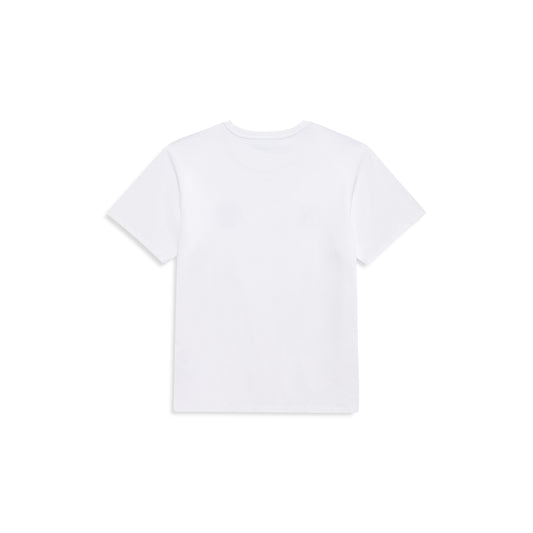A plain white short-sleeve crewneck t-shirt shown from the back, laid flat against a solid white background.