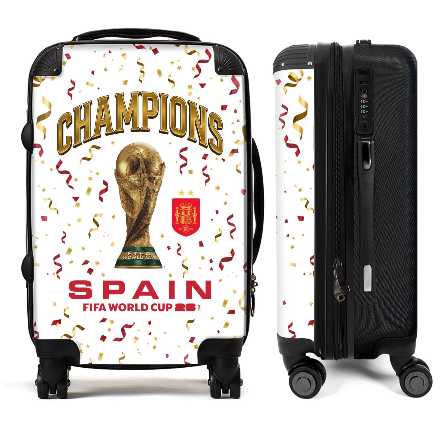 A hard-shell spinner suitcase shown from two angles: a white side view featuring a 'Champions Spain FIFA World Cup 2026' graphic with the World Cup trophy, red and gold confetti, and the Spanish coat of arms, and a black side view showing the suitcase shell, zippers, and wheels.