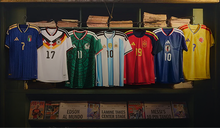 Row of international football jerseys on hangers—Germany, Mexico, Argentina, Spain, and Japan—with folded newspapers on a shelf above.