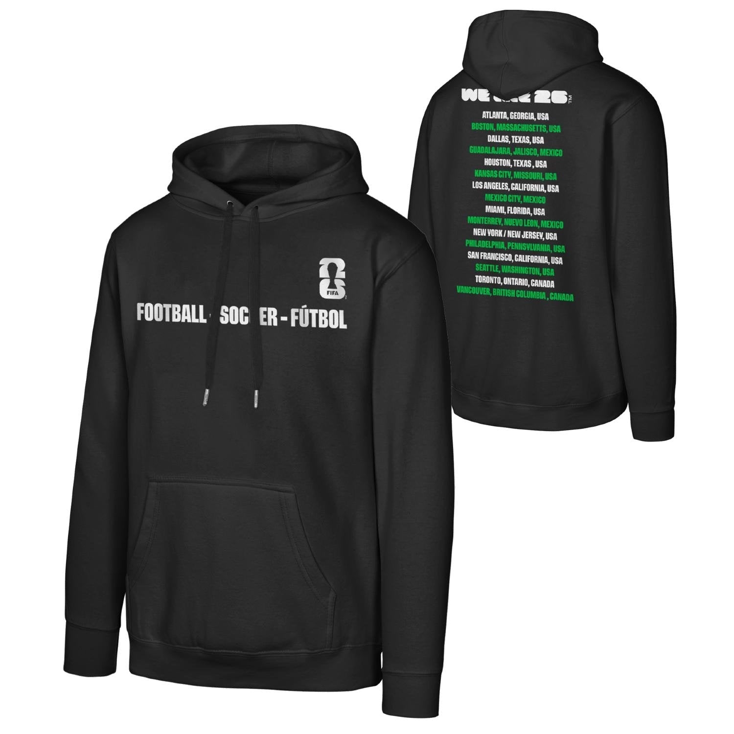 2026 World Cup Host Cities Futbol Black Hoodie - Unisex